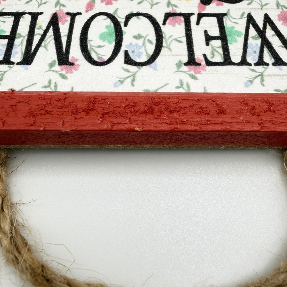 Rustic Welcome Friends Wooden Sign Floral Wall Decor Red Frame‎ Rope Hanging - Picture 10 of 10